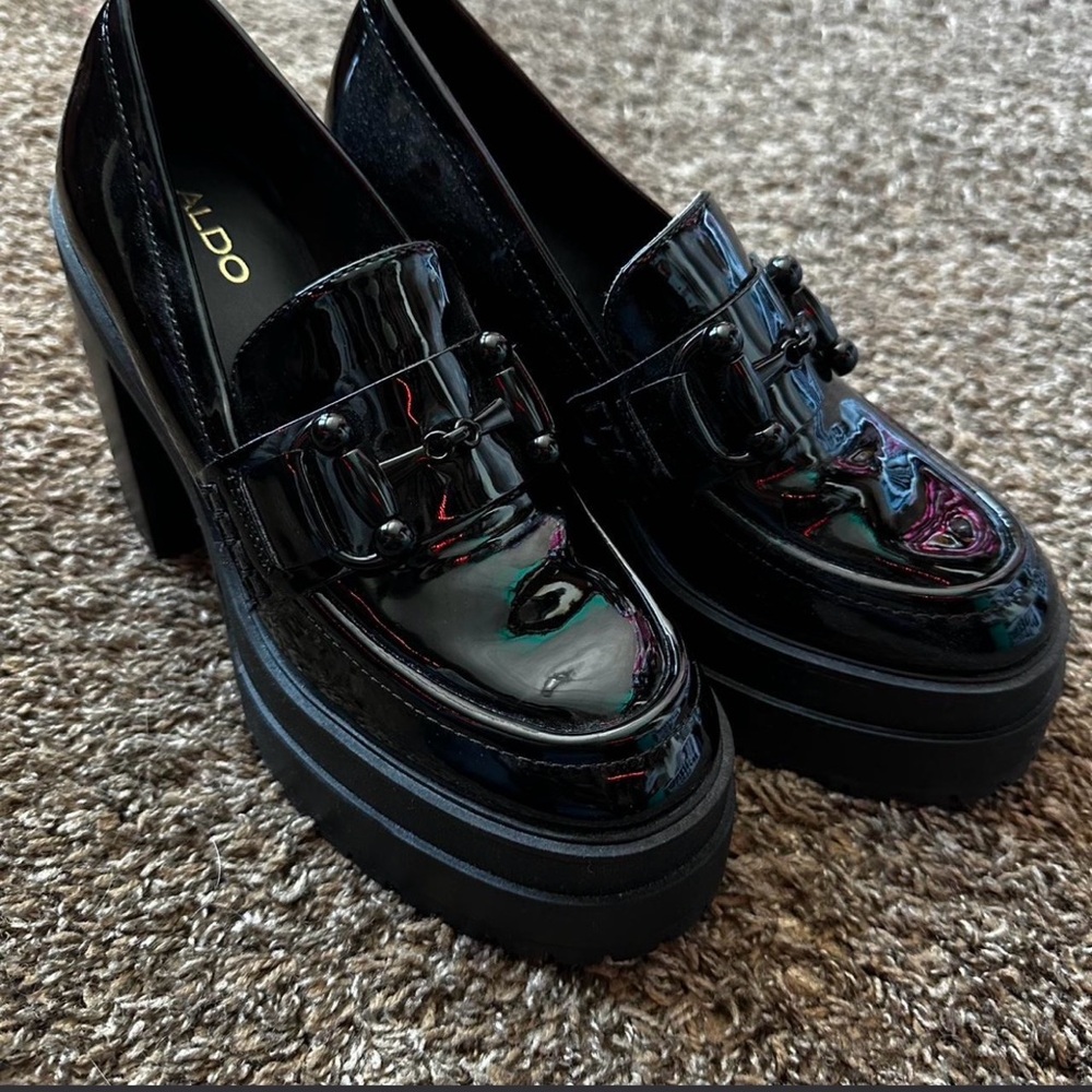 Aldo Black Patent Platform Loafers with Chunky Heel